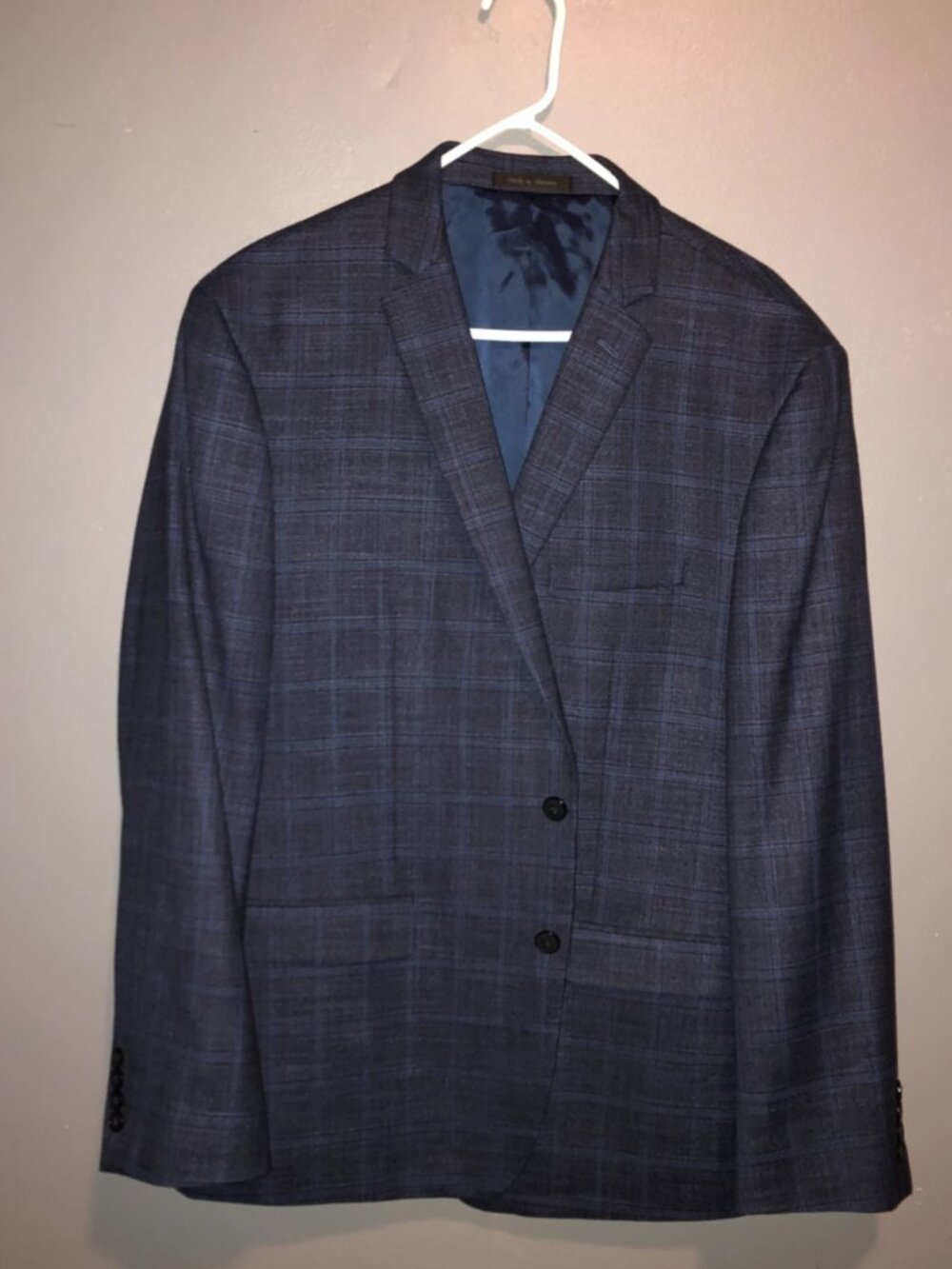 VAN HEUSEN Mens Blue Plaid Sport Coat Suit Jacket Blazer Windowpane SLIM FIT 48R